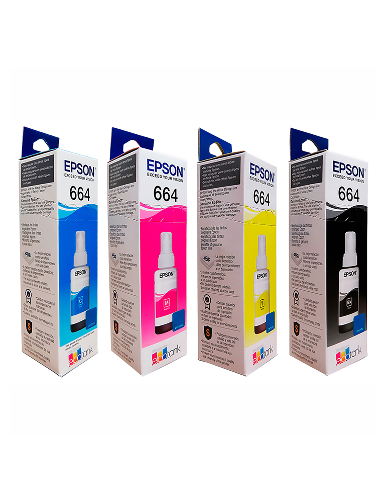 Tinta Epson T664 X 4 colores Negro, Cian, magenta y Amarillo