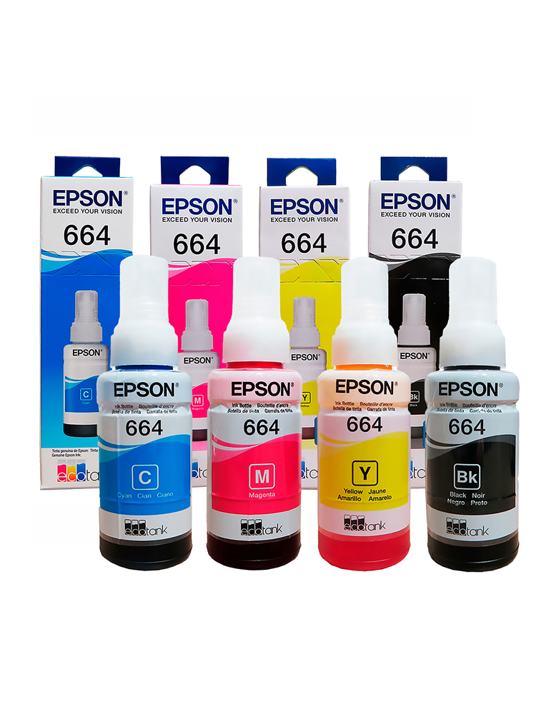 Tinta Epson T664 X 4 colores Negro, Cian, magenta y Amarillo